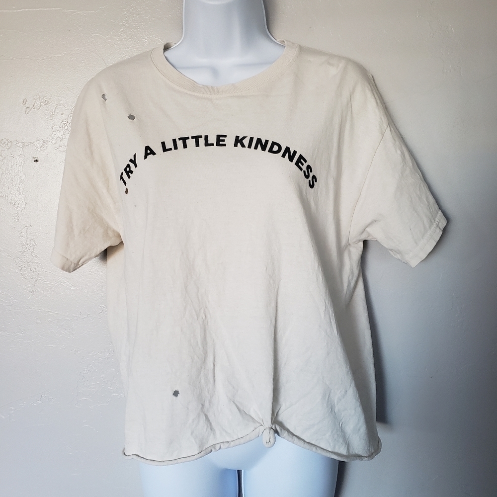 Modish Rebel Women's Small Ivory Short Sleeve T-shirt Distressed Try a Kindness